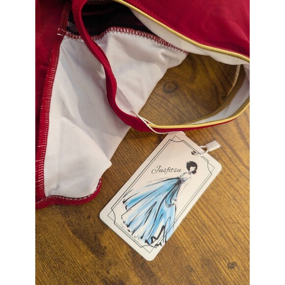 Red One-Piece Swimsuit – Size M – Metallic Gold Piping & Sheer Floral Waist Band - Picture 9 of 10